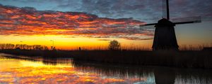 Preview wallpaper windmill, dark, dusk, river, nature