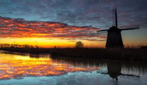 Preview wallpaper windmill, dark, dusk, river, nature