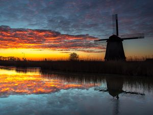 Preview wallpaper windmill, dark, dusk, river, nature