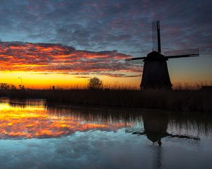 Preview wallpaper windmill, dark, dusk, river, nature