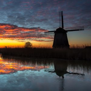 Preview wallpaper windmill, dark, dusk, river, nature