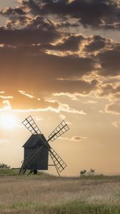 Preview wallpaper windmill, field, sunset, nature