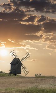 Preview wallpaper windmill, field, sunset, nature