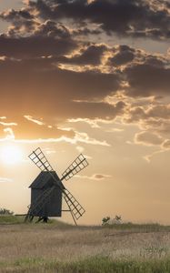 Preview wallpaper windmill, field, sunset, nature