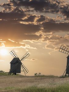 Preview wallpaper windmill, field, sunset, nature