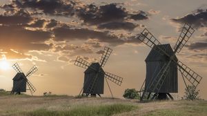 Preview wallpaper windmill, field, sunset, nature