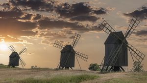 Preview wallpaper windmill, field, sunset, nature