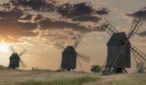 Preview wallpaper windmill, field, sunset, nature