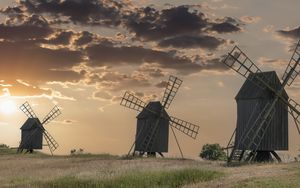 Preview wallpaper windmill, field, sunset, nature