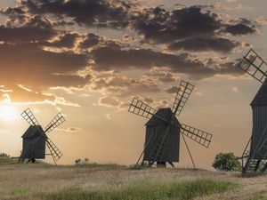 Preview wallpaper windmill, field, sunset, nature