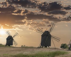 Preview wallpaper windmill, field, sunset, nature