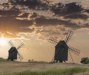 Preview wallpaper windmill, field, sunset, nature