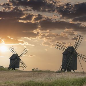 Preview wallpaper windmill, field, sunset, nature