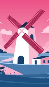 Preview wallpaper windmill, fields, landscape, art, vector
