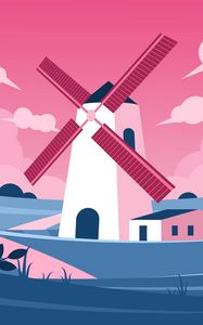 Preview wallpaper windmill, fields, landscape, art, vector