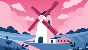 Preview wallpaper windmill, fields, landscape, art, vector