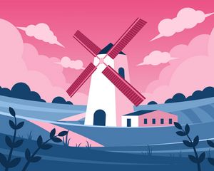 Preview wallpaper windmill, fields, landscape, art, vector