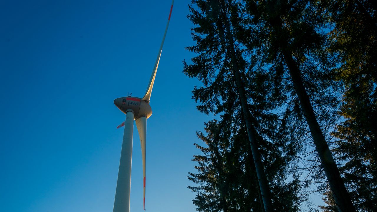 Wallpaper windmill, forest, fog, sunrise