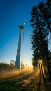 Preview wallpaper windmill, forest, fog, sunrise