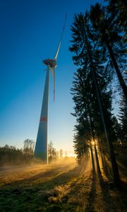 Preview wallpaper windmill, forest, fog, sunrise