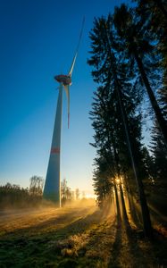 Preview wallpaper windmill, forest, fog, sunrise