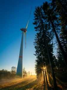 Preview wallpaper windmill, forest, fog, sunrise