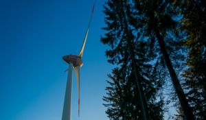 Preview wallpaper windmill, forest, fog, sunrise