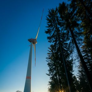 Preview wallpaper windmill, forest, fog, sunrise