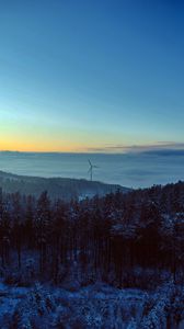 Preview wallpaper windmill, forest, snow, clouds, nature