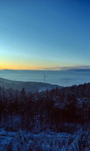 Preview wallpaper windmill, forest, snow, clouds, nature