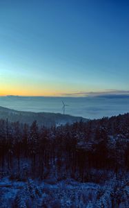 Preview wallpaper windmill, forest, snow, clouds, nature