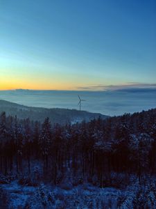 Preview wallpaper windmill, forest, snow, clouds, nature