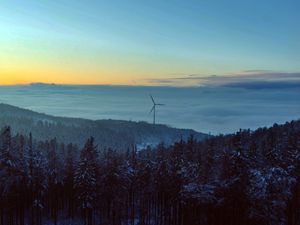 Preview wallpaper windmill, forest, snow, clouds, nature