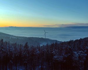 Preview wallpaper windmill, forest, snow, clouds, nature