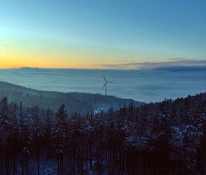 Preview wallpaper windmill, forest, snow, clouds, nature