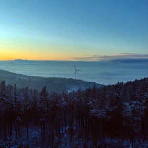 Preview wallpaper windmill, forest, snow, clouds, nature