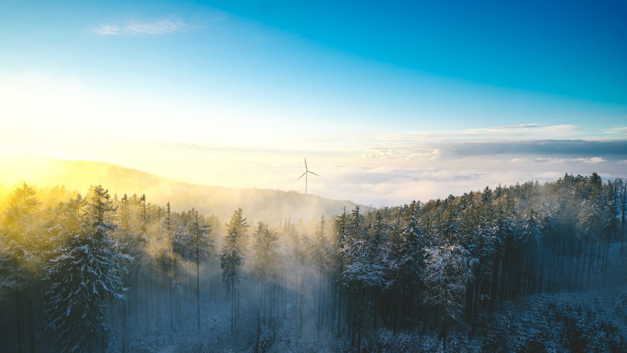 Wallpaper windmill, forest, winter, snow, cold