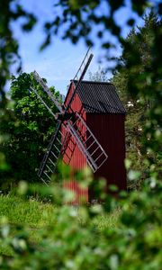 Preview wallpaper windmill, grass, trees, leaves