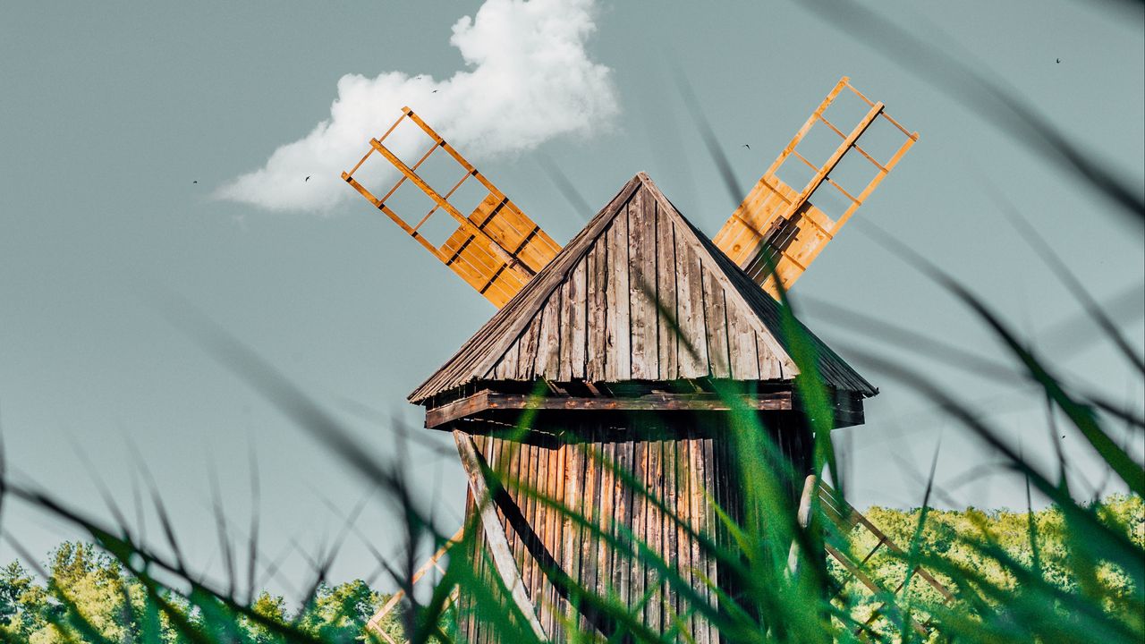 Wallpaper windmill, old, wooden, grass, field