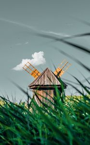 Preview wallpaper windmill, old, wooden, grass, field