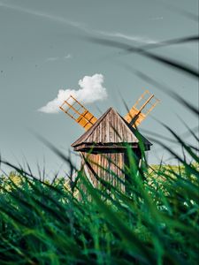 Preview wallpaper windmill, old, wooden, grass, field