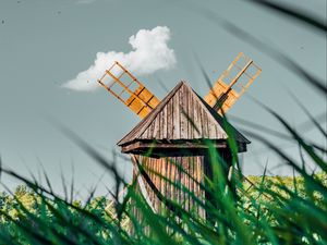 Preview wallpaper windmill, old, wooden, grass, field