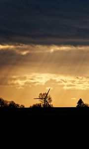 Preview wallpaper windmill, silhouette, trees, sunset