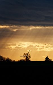 Preview wallpaper windmill, silhouette, trees, sunset