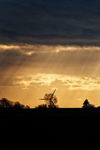 Preview wallpaper windmill, silhouette, trees, sunset