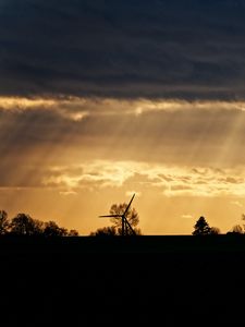 Preview wallpaper windmill, silhouette, trees, sunset