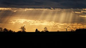 Preview wallpaper windmill, silhouette, trees, sunset