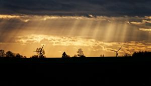 Preview wallpaper windmill, silhouette, trees, sunset