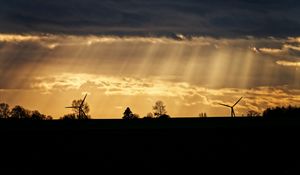 Preview wallpaper windmill, silhouette, trees, sunset