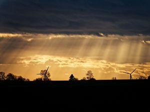 Preview wallpaper windmill, silhouette, trees, sunset